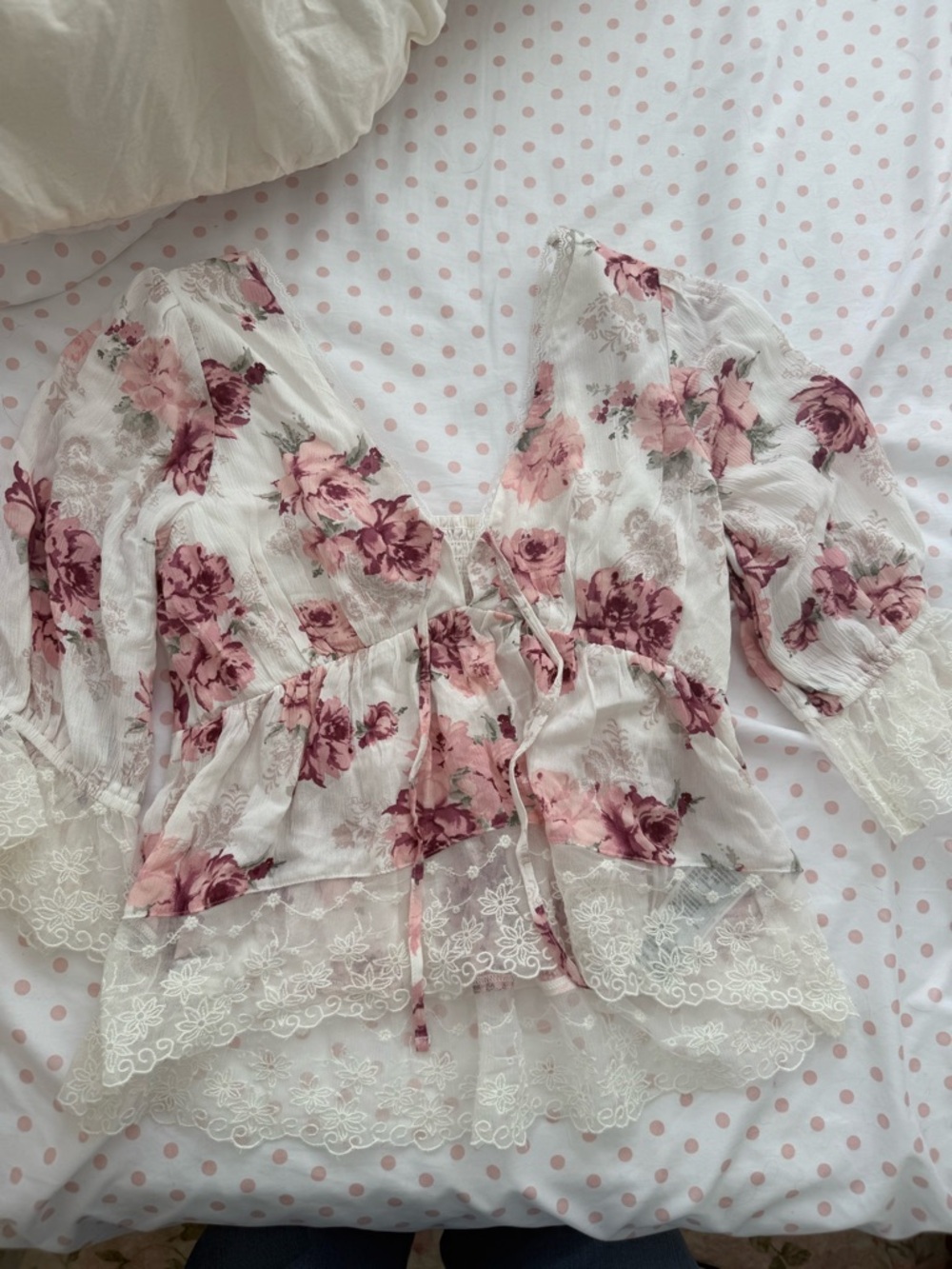 Floral Lace-Trim Peplum Top in Pink and Mauve